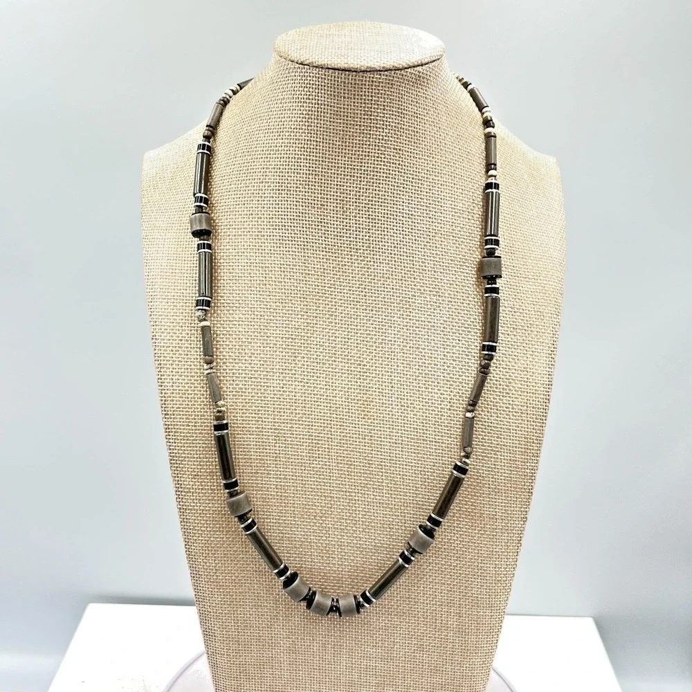 Vintage Retro Earthy Grey Stone & Wood Tube Bead Necklace Boho Tribal Style
